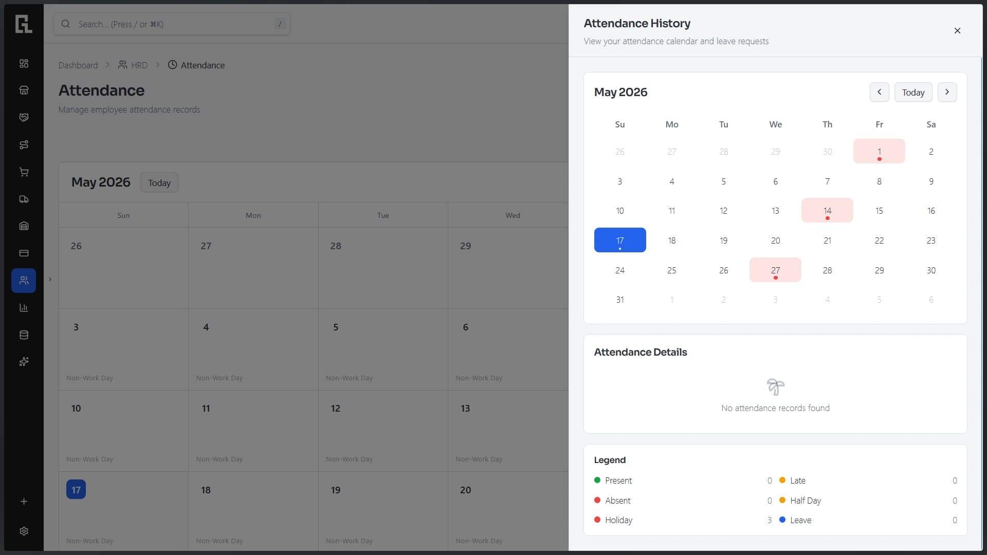 Attendance calendar and monthly stats