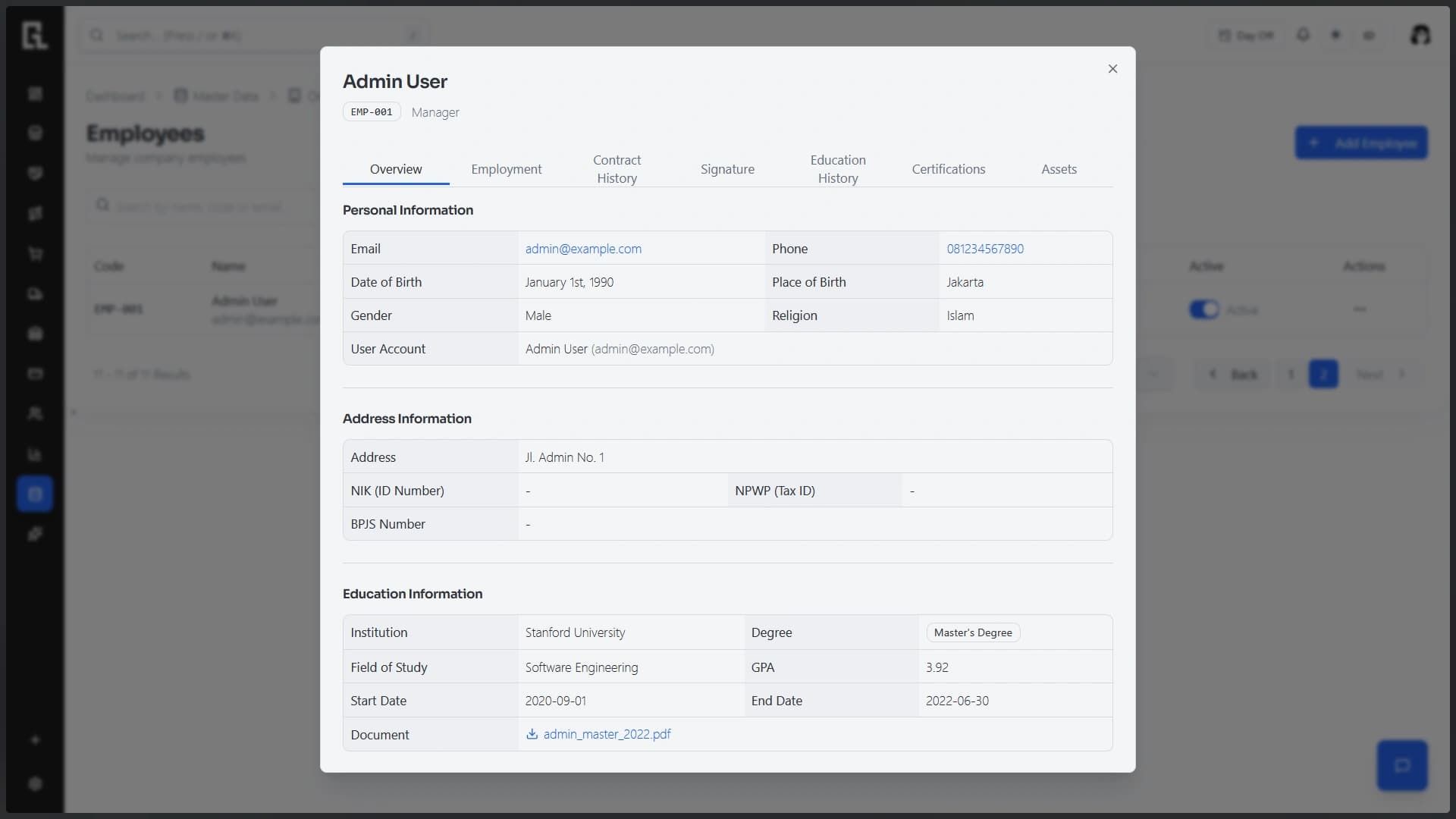 Structured employee profiles with tabs