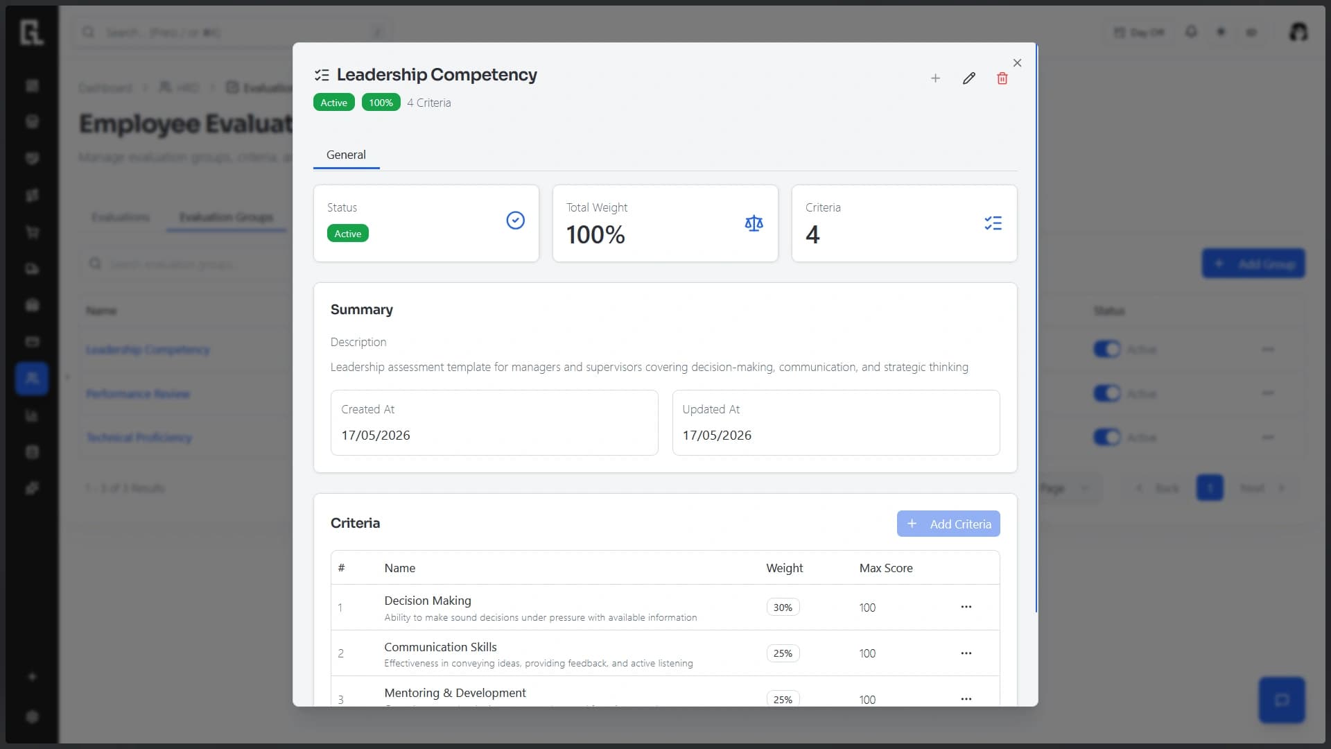 Weighted evaluation groups & criteria