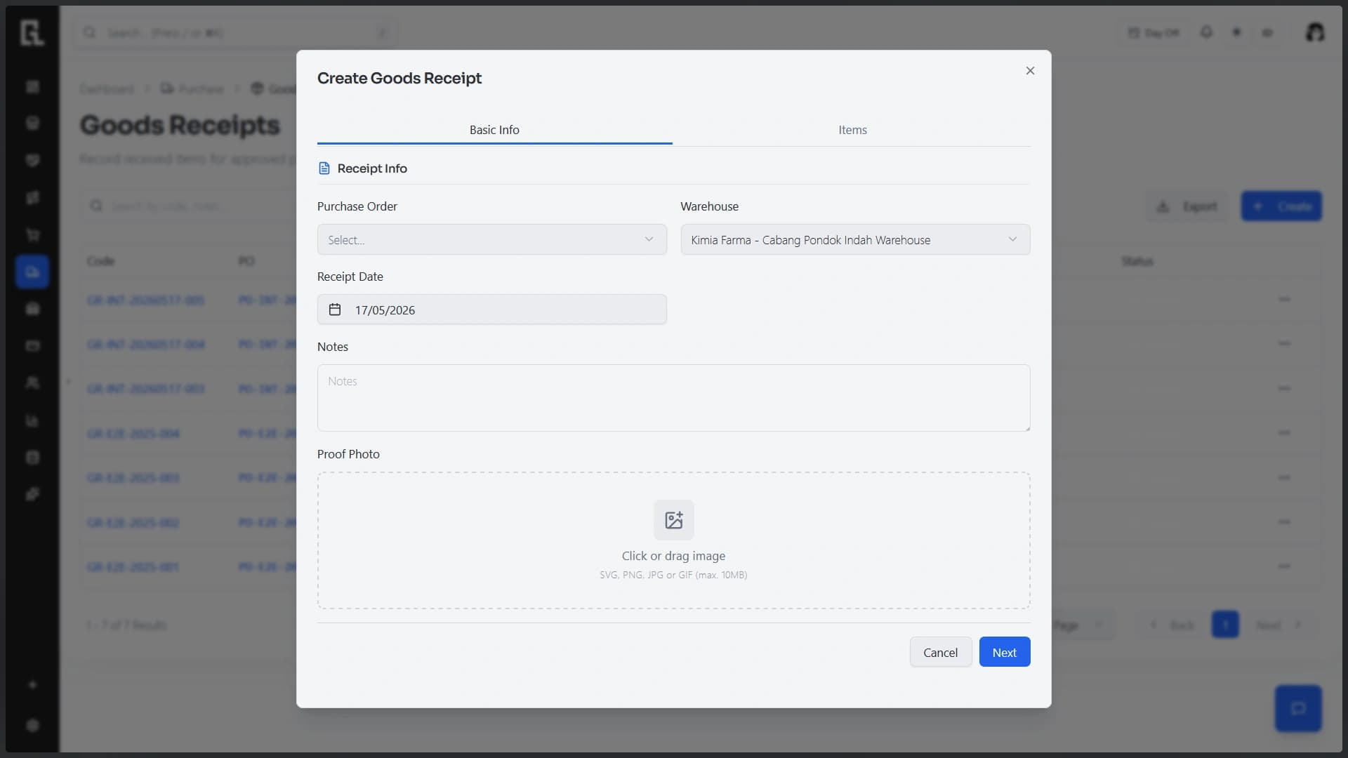 Record items per purchase order