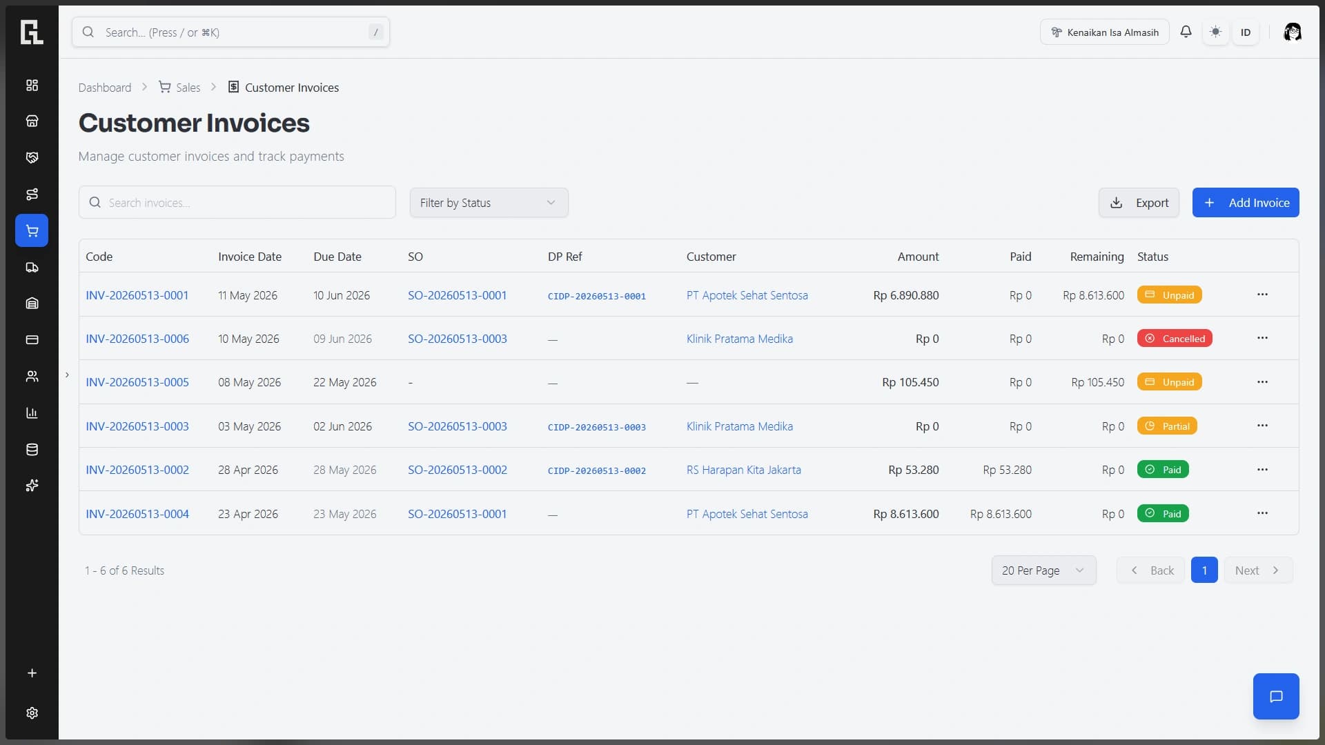Tampilan invoicing SalesView