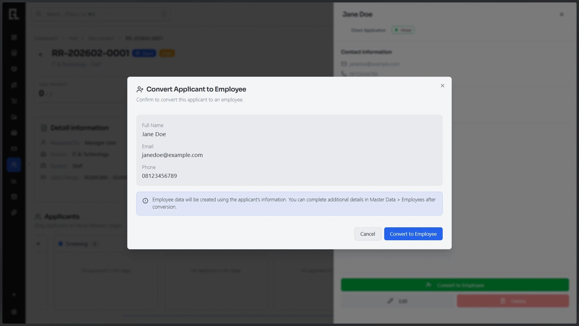 Convert applicant ke data karyawan