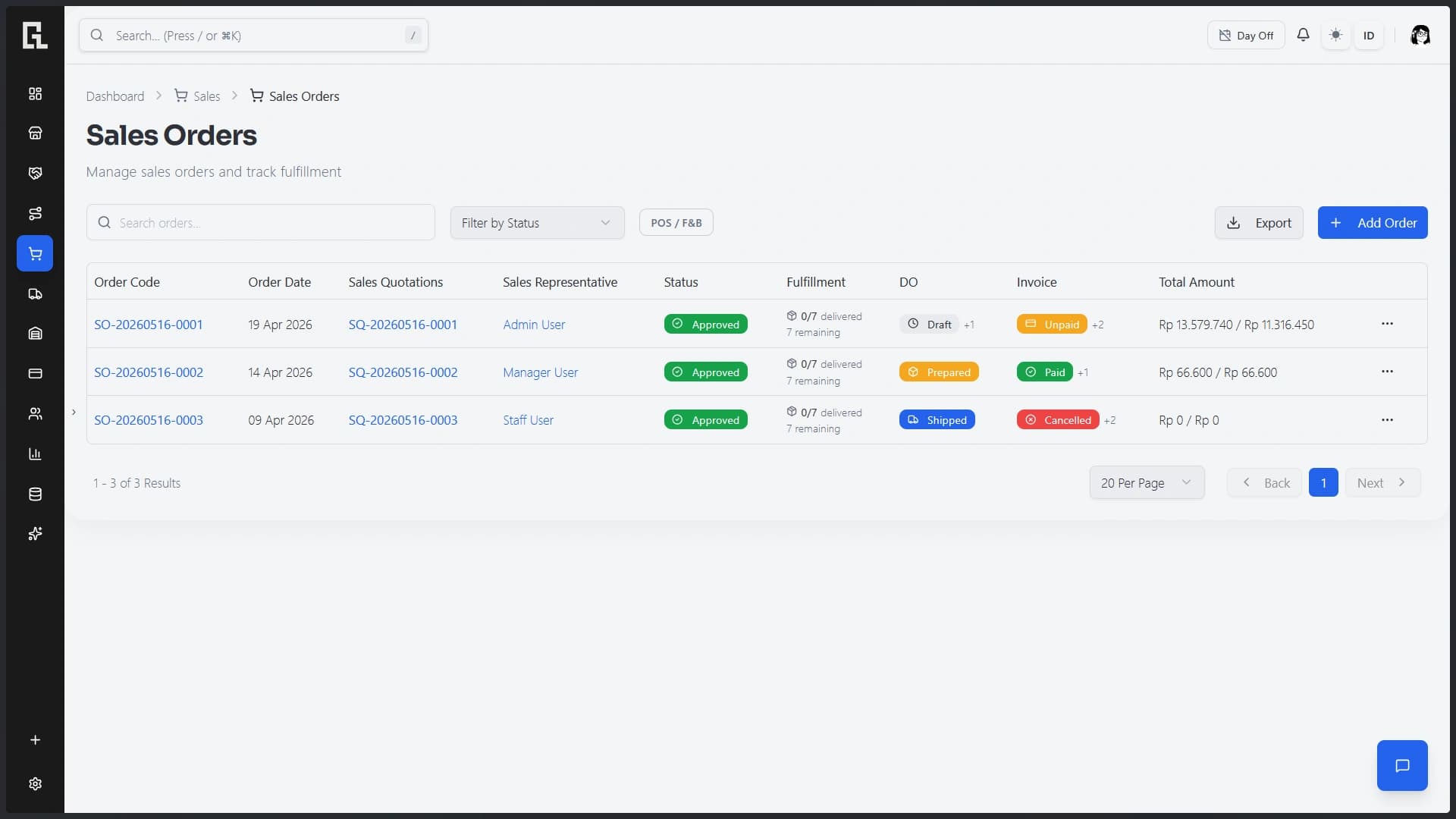 SalesView sales orders interface