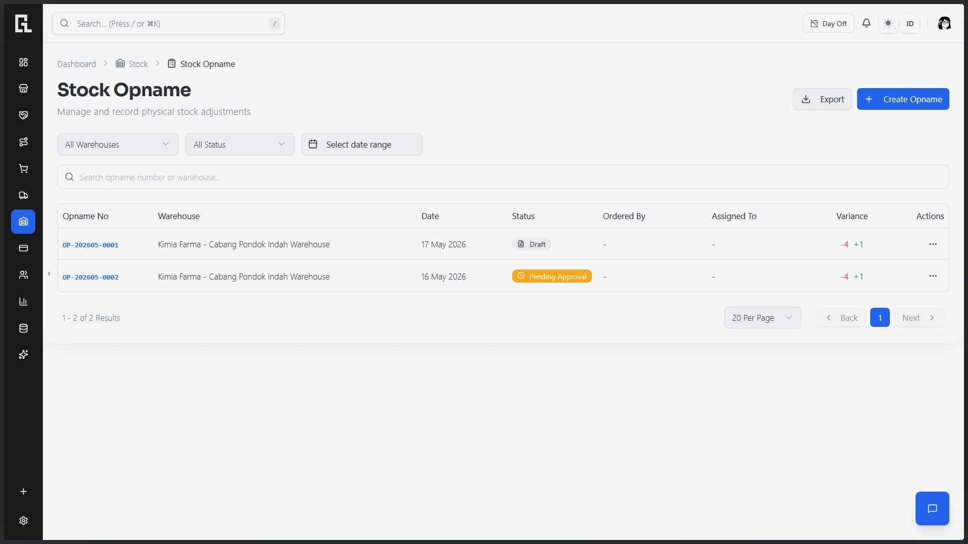 Stock opname with variance matching