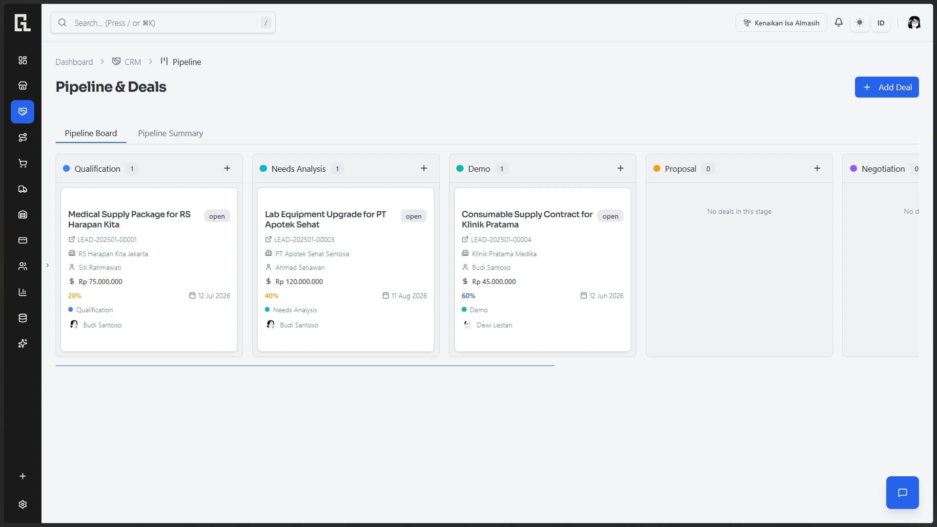 CRM kanban pipeline