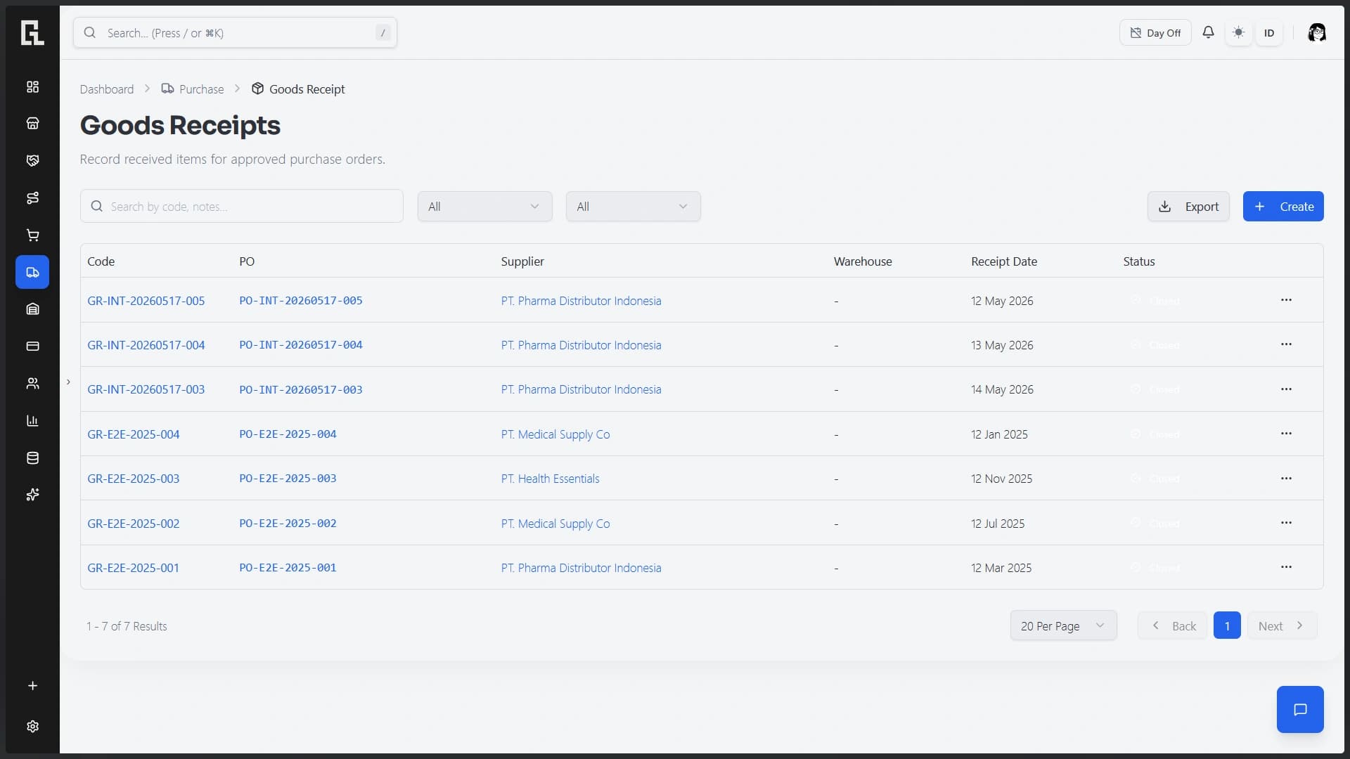 Goods receipt linked to supplier billing